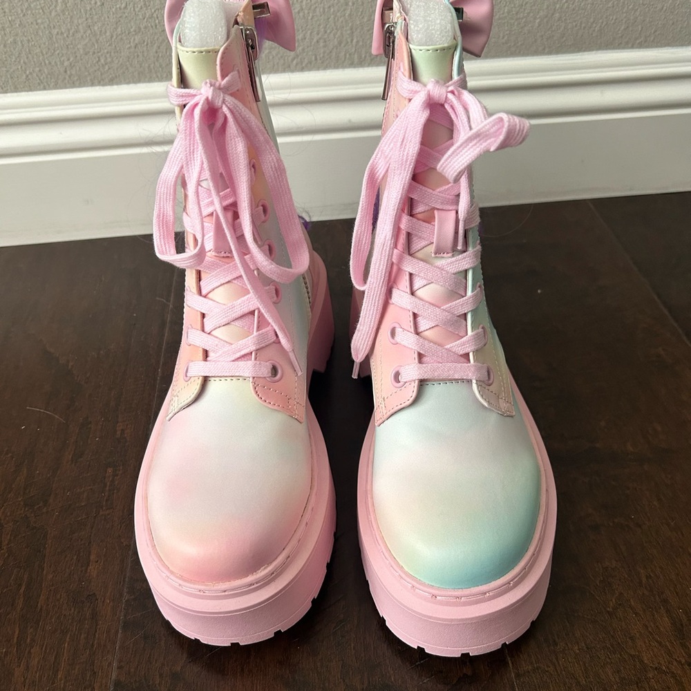 Dolls Kill My Little Pony Pink and Blue Combat Moto Boots